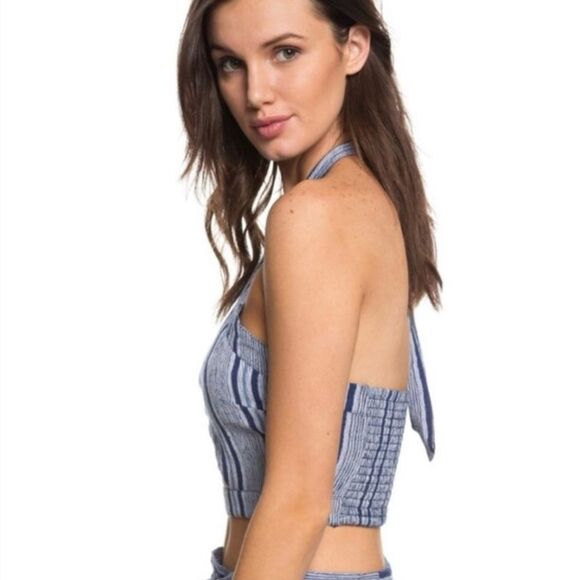 Roxy Blue Striped Cutout Cropped Halter Top - Picture 2 of 10